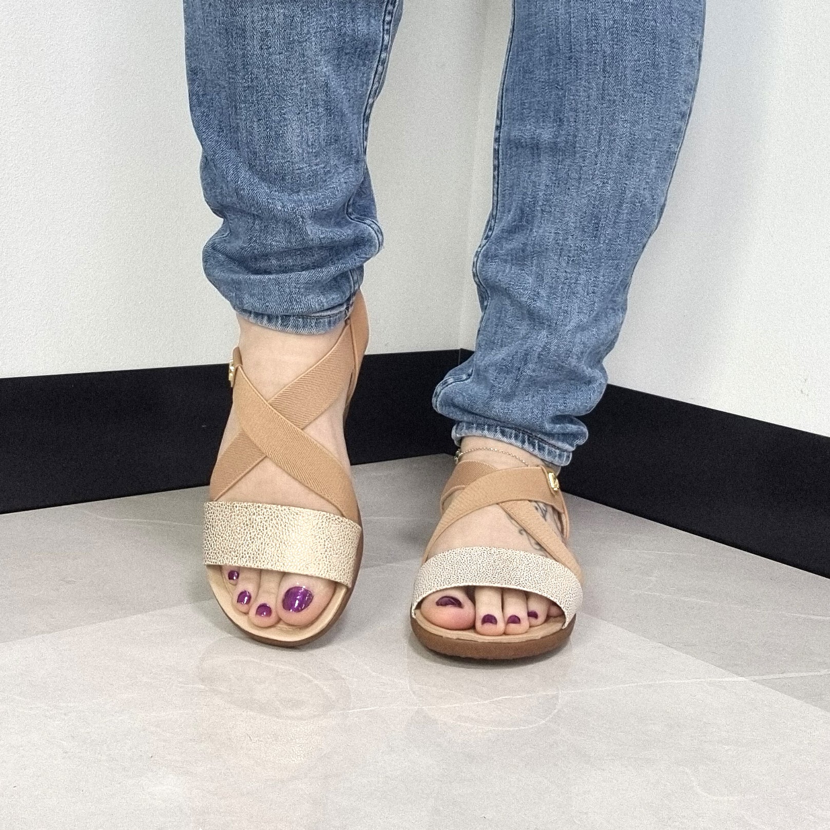 Modare 7125-249 Elastic Straps Flat Sandal in Rose Gold/Camel