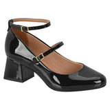 Vizzano 1423-102 Block Heel Round Toe Strappy Pump in Black Patent
