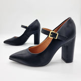 Vizzano 1285-436 Block Heel Pointy Toe Mary Jane Pump in Black Napa