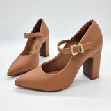 Vizzano 1285-436 Block Heel Pointy Toe Mary Jane Pump in Camel Napa