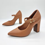 Vizzano 1285-436 Block Heel Pointy Toe Mary Jane Pump in Camel Napa