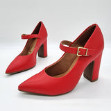 Vizzano 1285-436 Block Heel Pointy Toe Mary Jane Pump in Red Napa