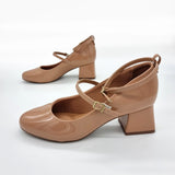 Vizzano 1423-102 Block Heel Round Toe Strappy Pump in Nude Patent