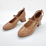 Vizzano 1423-102 Block Heel Round Toe Strappy Pump in Nude Patent