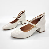 Vizzano 1423-102 Block Heel Round Toe Strappy Pump in Off White Patent