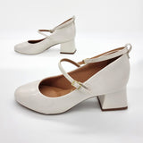 Vizzano 1423-102 Block Heel Round Toe Strappy Pump in Off White Patent