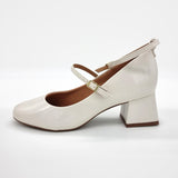 Vizzano 1423-102 Block Heel Round Toe Strappy Pump in Off White Patent