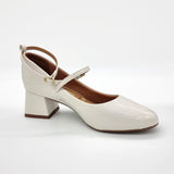 Vizzano 1423-102 Block Heel Round Toe Strappy Pump in Off White Patent