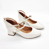 Vizzano 1423-102 Block Heel Round Toe Strappy Pump in Off White Patent