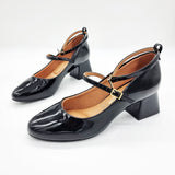 Vizzano 1423-102 Block Heel Round Toe Strappy Pump in Black Patent