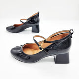 Vizzano 1423-102 Block Heel Round Toe Strappy Pump in Black Patent