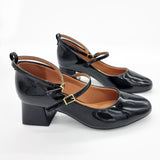 Vizzano 1423-102 Block Heel Round Toe Strappy Pump in Black Patent
