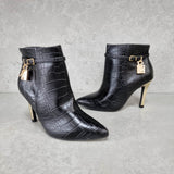 Vizzano 3049-246 Pointy Toe Golden Stiletto Heel Ankle Boot in Black Croc