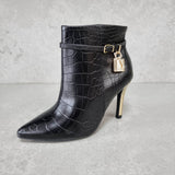 Vizzano 3049-246 Pointy Toe Golden Stiletto Heel Ankle Boot in Black Croc