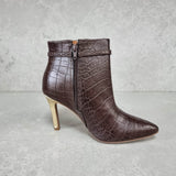 Vizzano 3049-246 Pointy Toe Golden Stiletto Heel Ankle Boot in Cocoa Croc