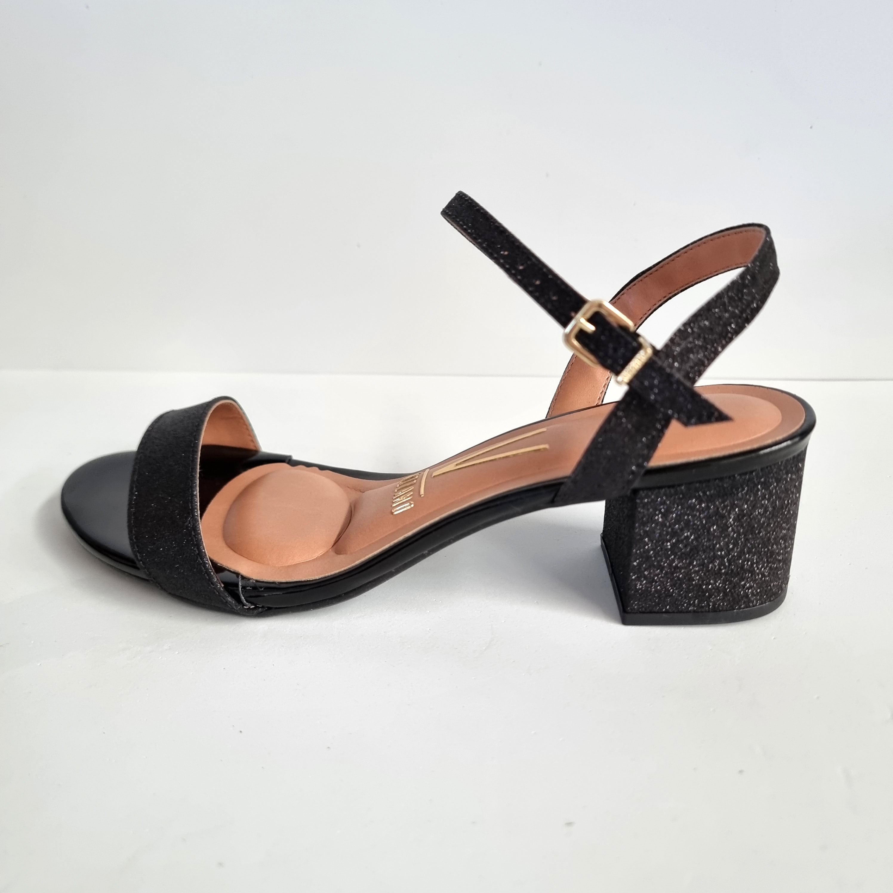 Sparkly Black Heel Open Toe Vizzano 6291-900 Low Heel Sandal In