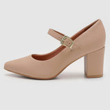 Vizzano 1290-532 Pointy Toe Block Heel Mary-Jane Pump in Beige Napa