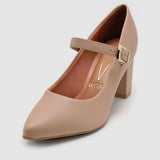 Vizzano 1290-532 Pointy Toe Block Heel Mary-Jane Pump in Beige Napa