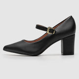 Vizzano 1290-532 Pointy Toe Block Heel Mary-Jane Pump in Black Napa