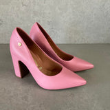Vizzano 1285-400 Block Heel Pointy Toe Pump in Bubblegum Pink Napa