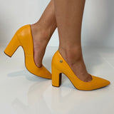 Vizzano 1285-400 Block Heel Pointy Toe Pump in Mustard Napa