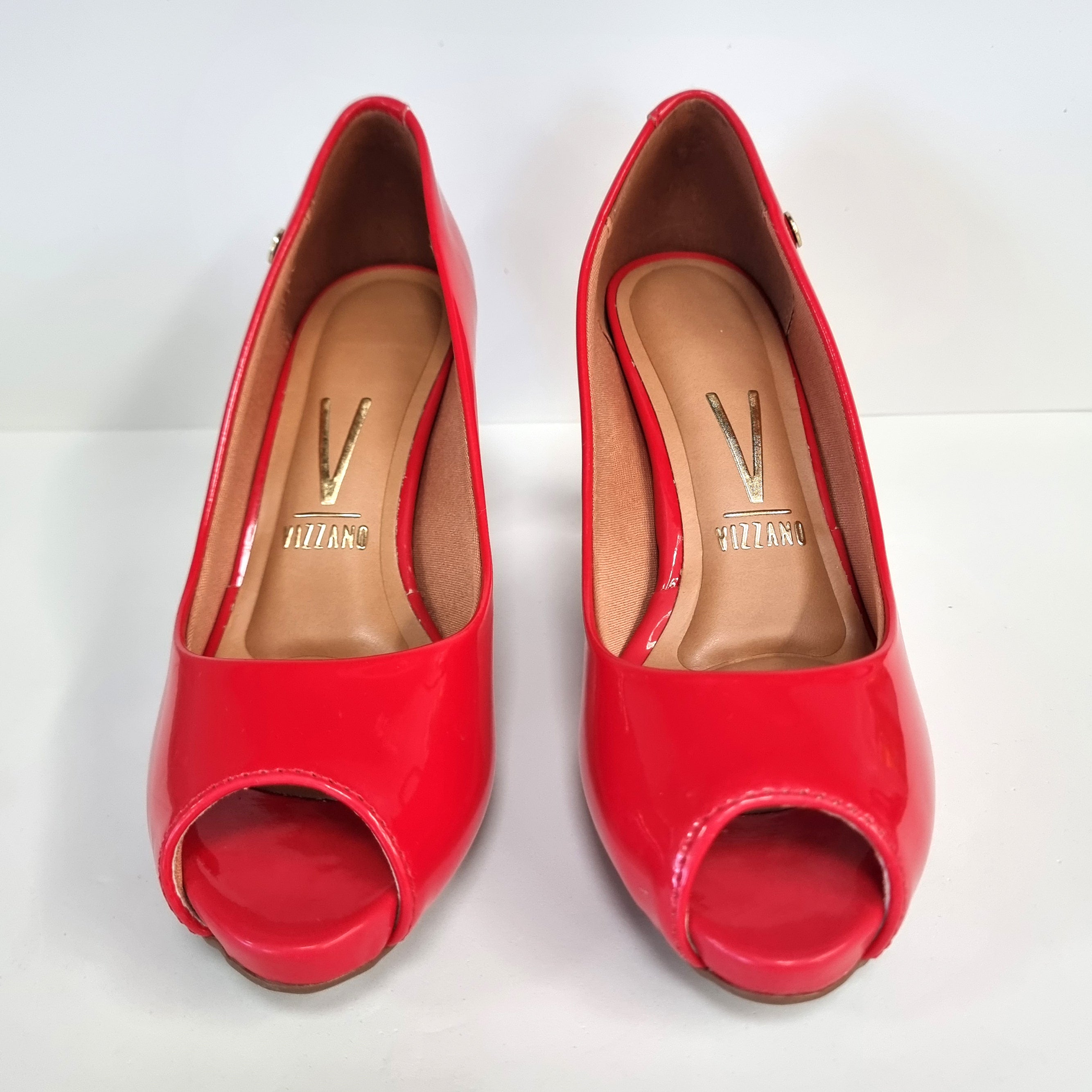 red patent peep toe pumps - Main Image