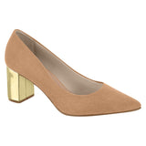 Beira Rio 4241-200 Pointy Toe Golden Block Heel Pump in Almond Suede